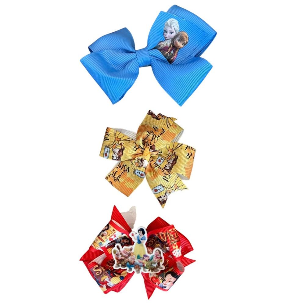 Set of 3 Princess Hair Clips Bows Beauty Frozen Snow White 3 Inch - Picture 2 of 11